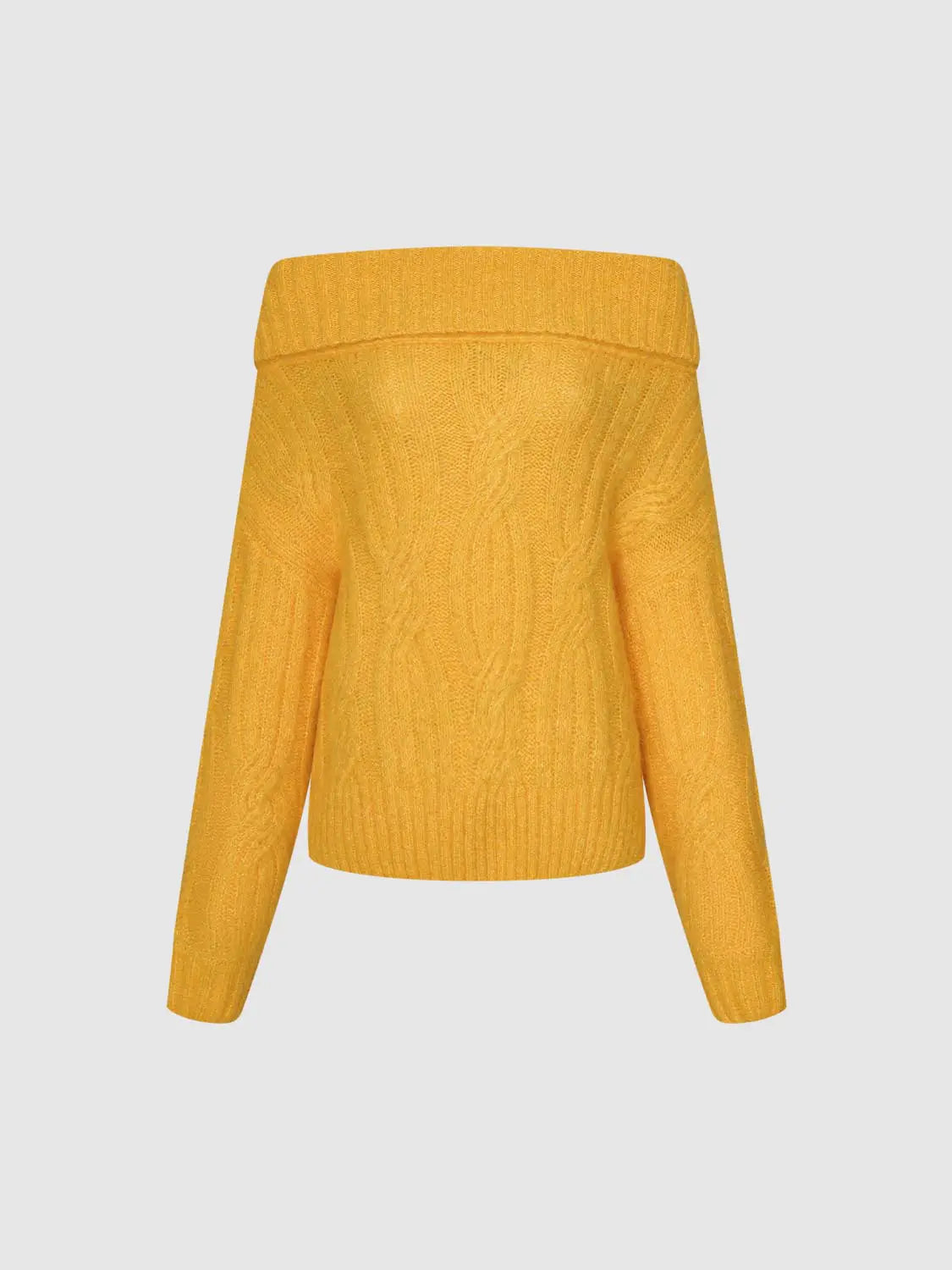 Knit sweater in mustard yellow with cable-knit texture, long sleeves and ribbed hem