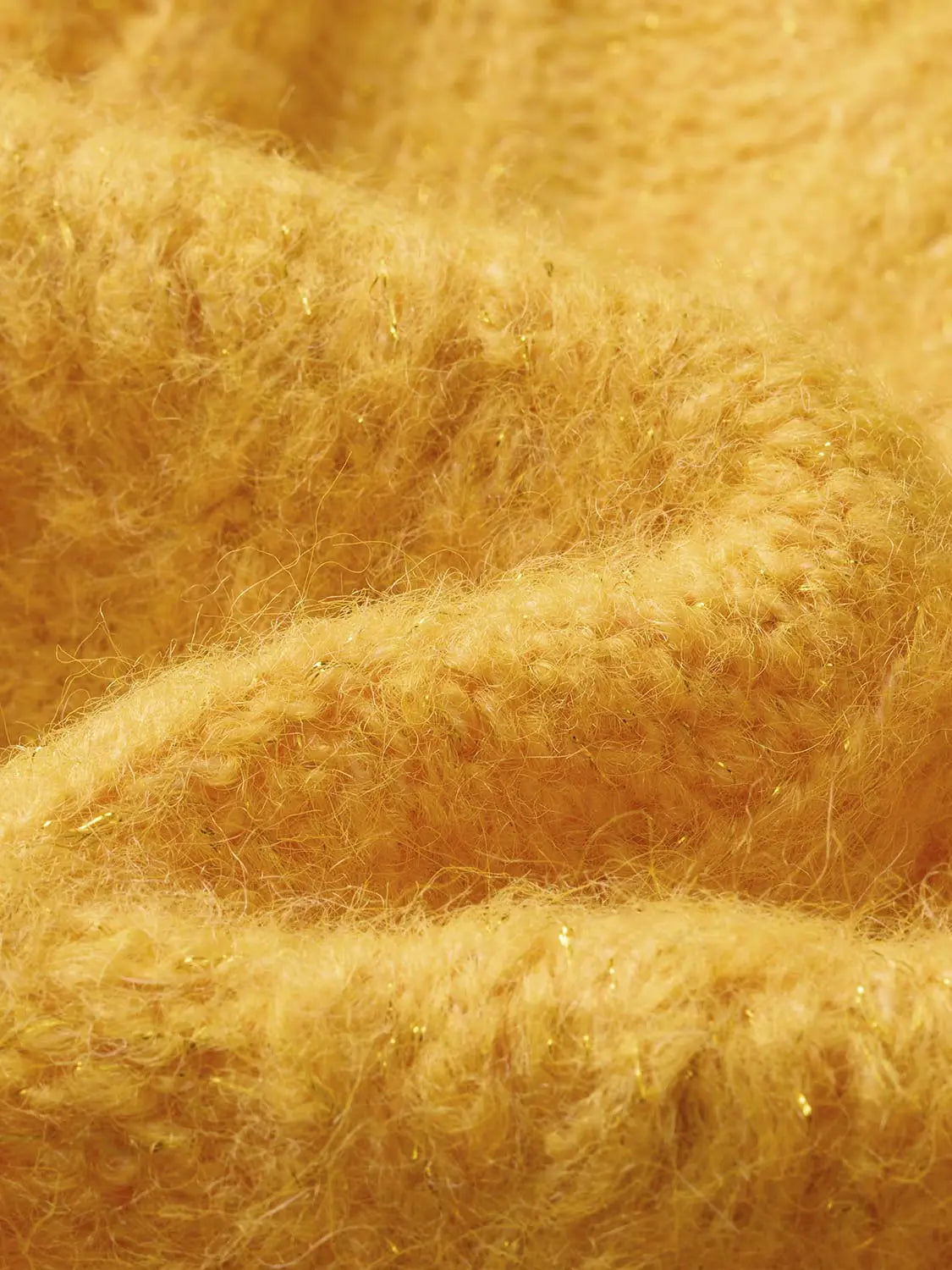 Knit T-Shirt in golden yellow fuzzy knit with metallic flecks.