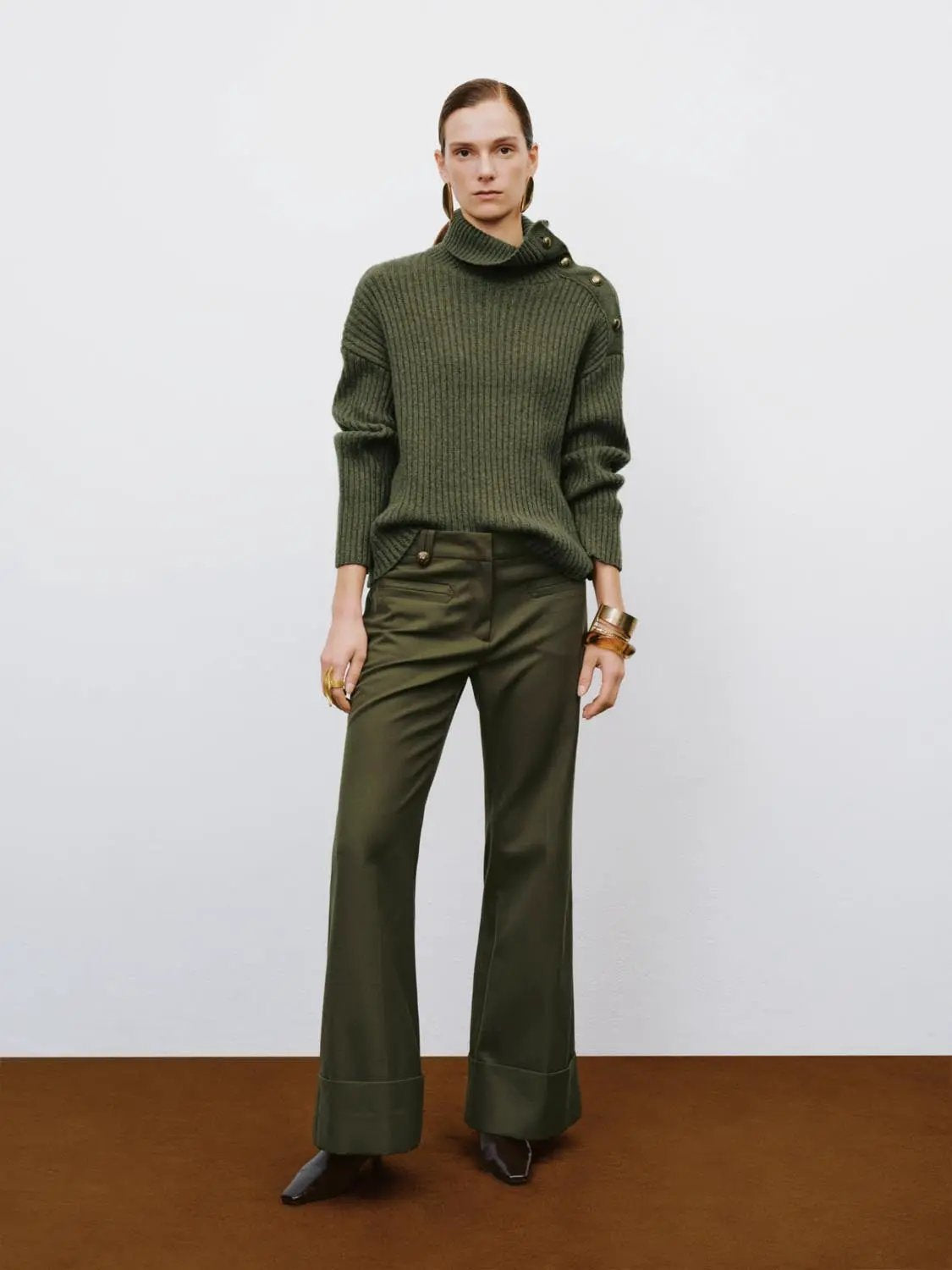 Ribbed Asymmetric Button Long Sleeve Sweater in olive green, Urban Revivo Fashion knitwear.