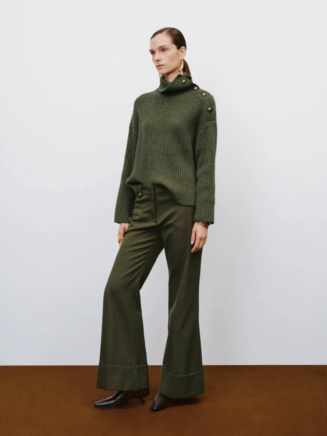 Ribbed asymmetric-button long-sleeve olive green knit sweater with shoulder buttons