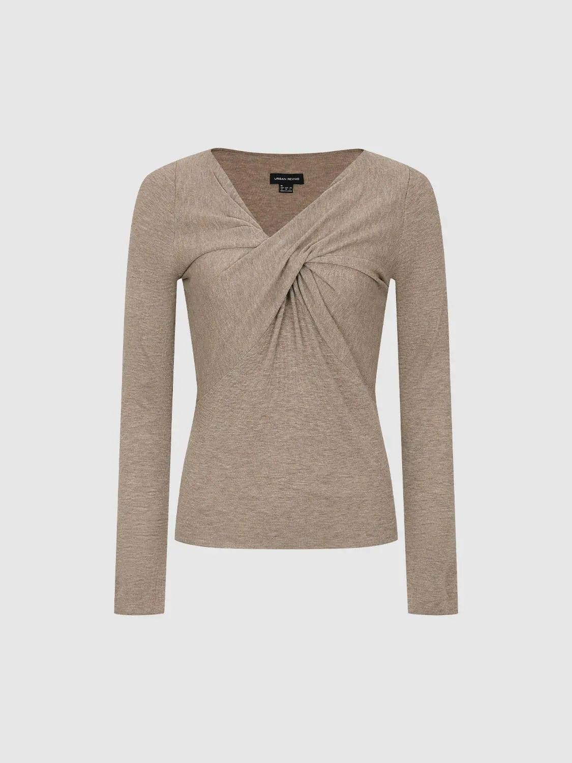 Knit T-Shirt; taupe knitted top with front twist knot by Urban Revivo Fashion