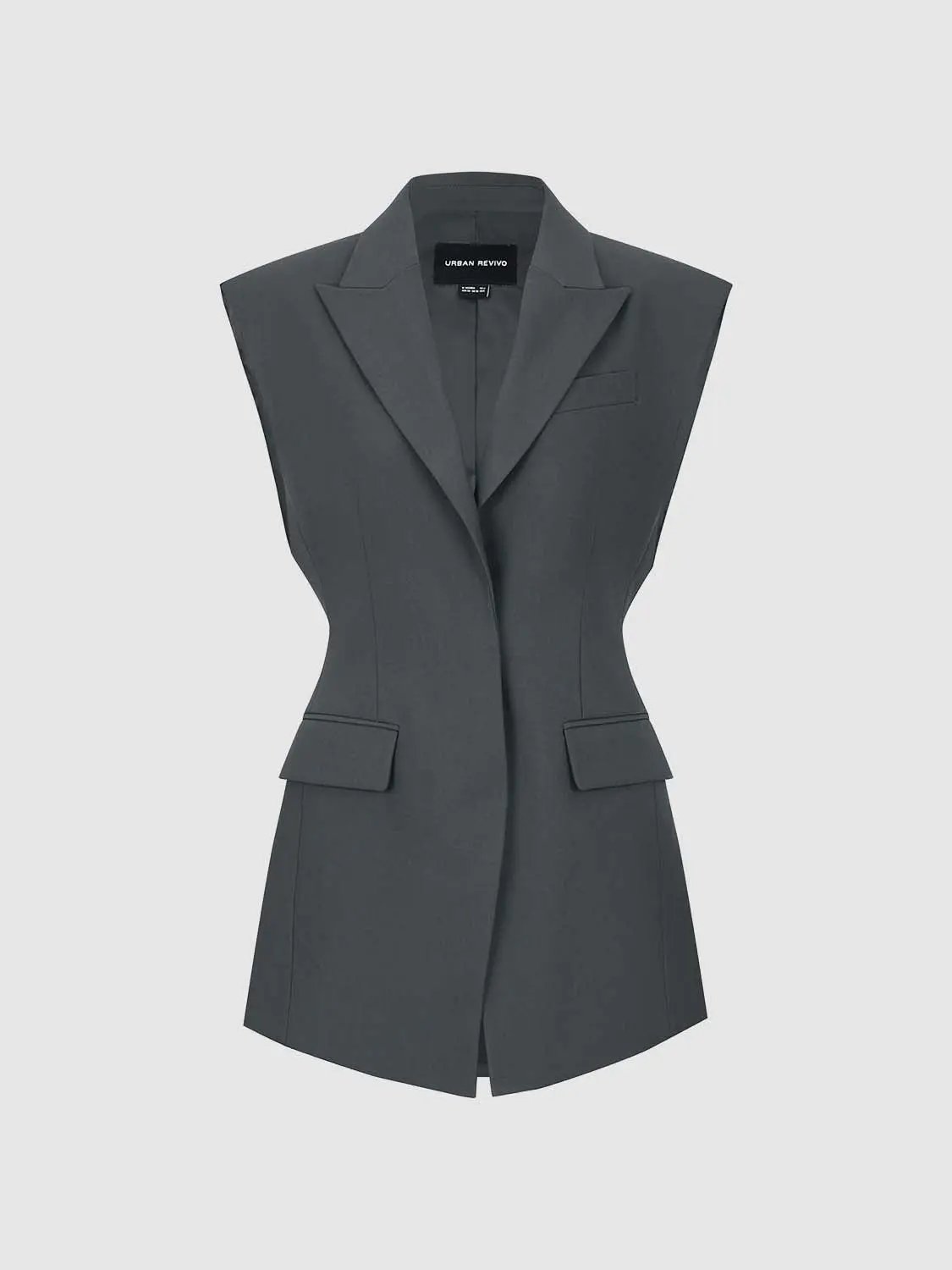 Sleeveless vest with lapel collar in dark gray by Urban Revivo, front button closure and pocket flaps