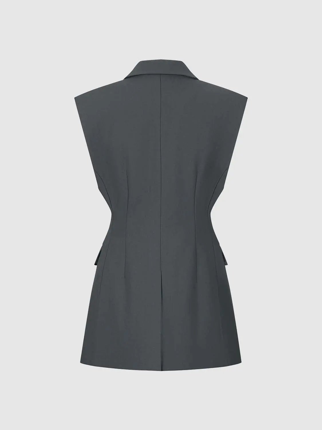 Sleeveless lapel-collar vest in charcoal gray, back view.