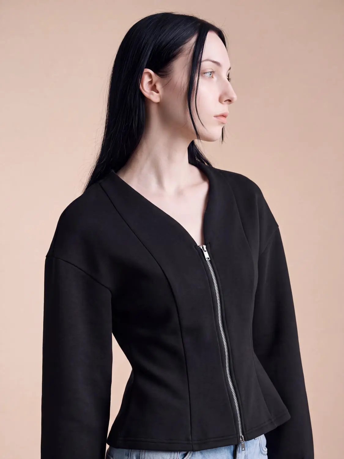 V Neck Zip Front Fitted Waist Cropped Jacket in black.