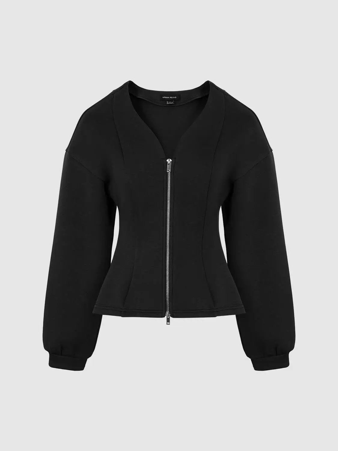 V-neck zip-front cropped jacket, black with silver zipper, fitted waist panels, Urban Revivo Fashion