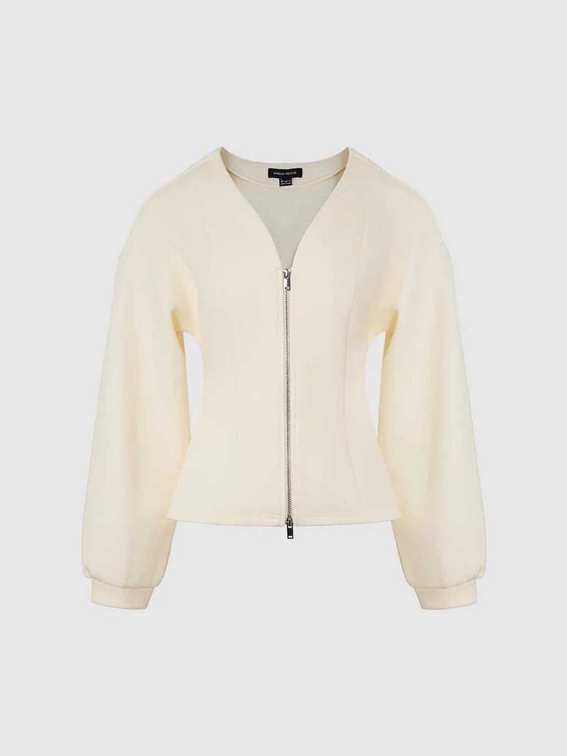 V-neck zip-front cropped jacket with fitted waist in cream, Urban Revivo Fashion