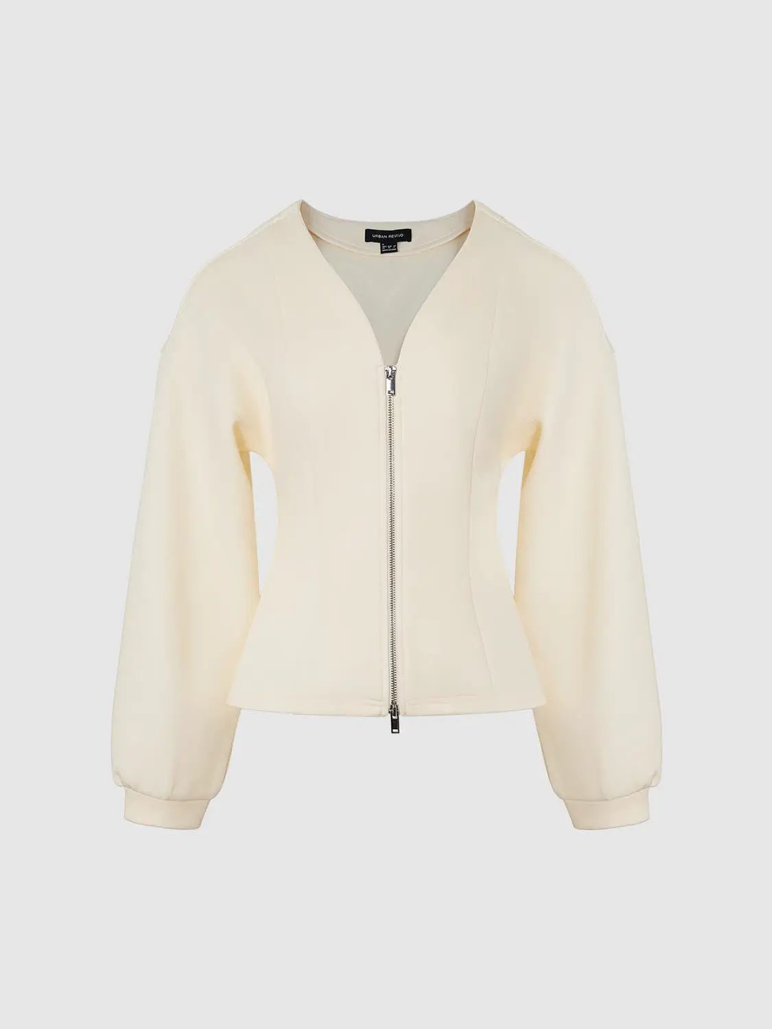 V-neck zip-front cropped jacket in ivory by Urban Revivo Fashion; fitted waist silhouette.