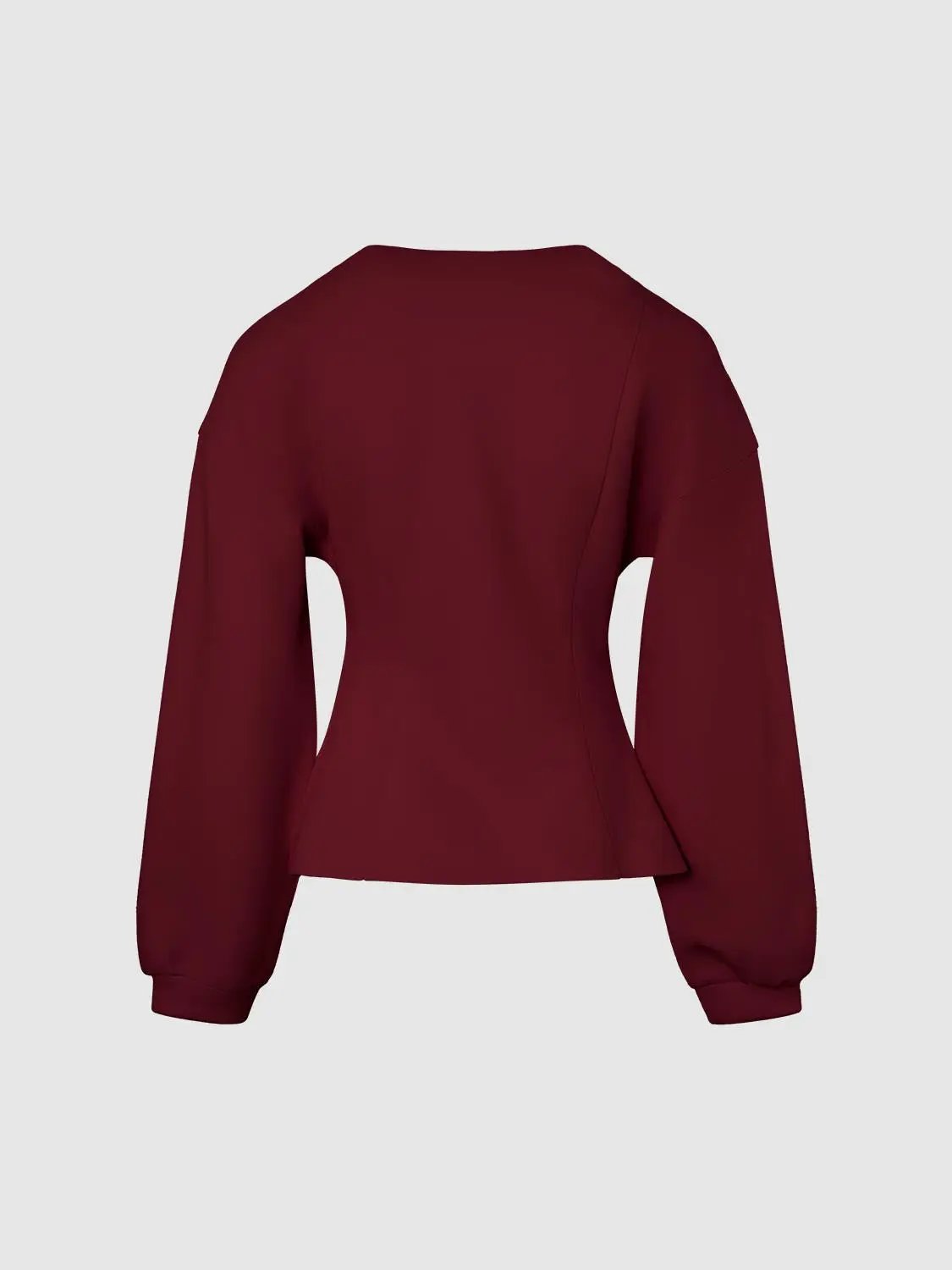 V Neck Zip Front Fitted Waist Cropped Jacket in burgundy with long puff sleeves