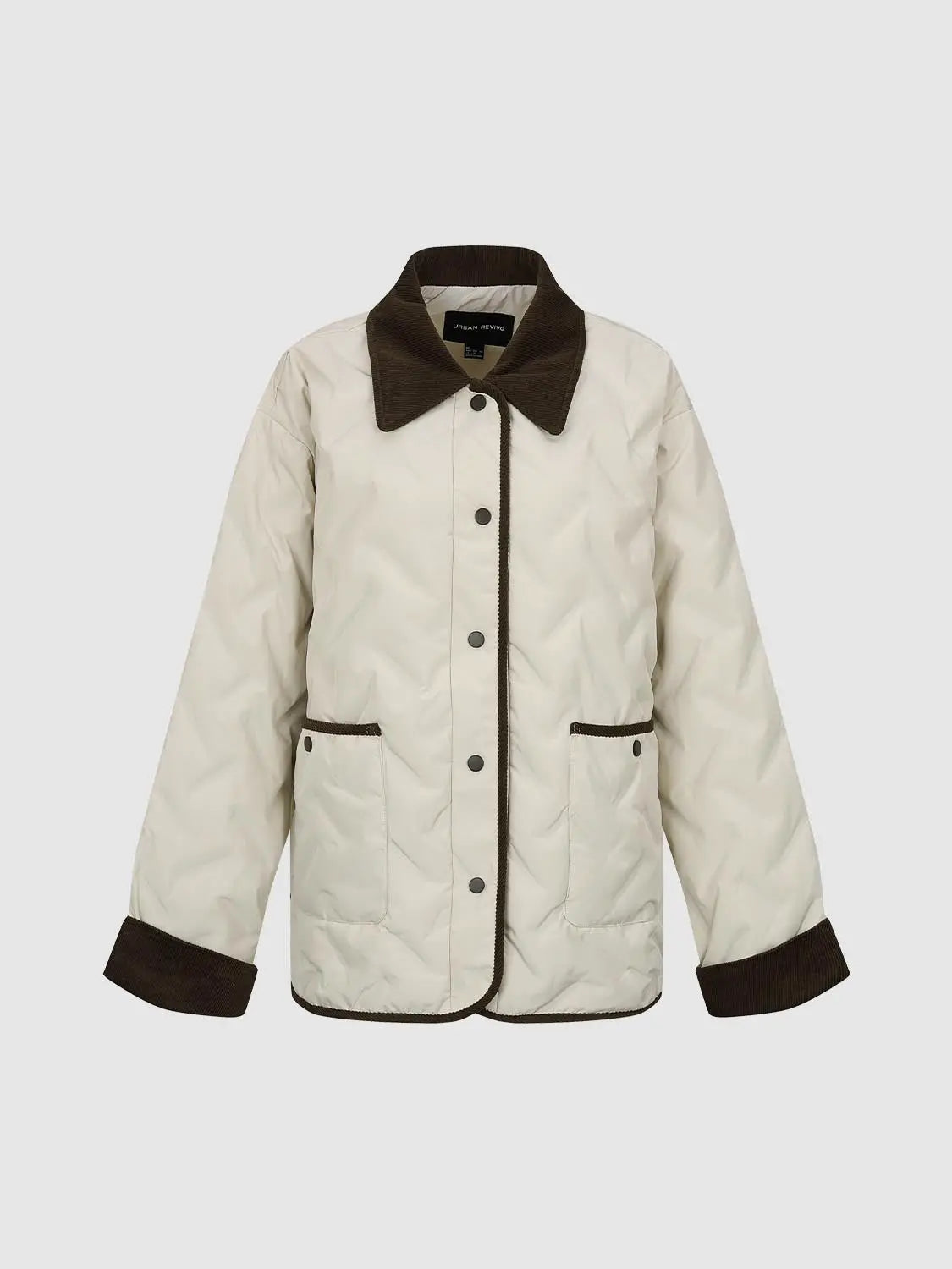 Down jacket by Urban Revivo in beige with brown corduroy collar and cuffs and front pockets.