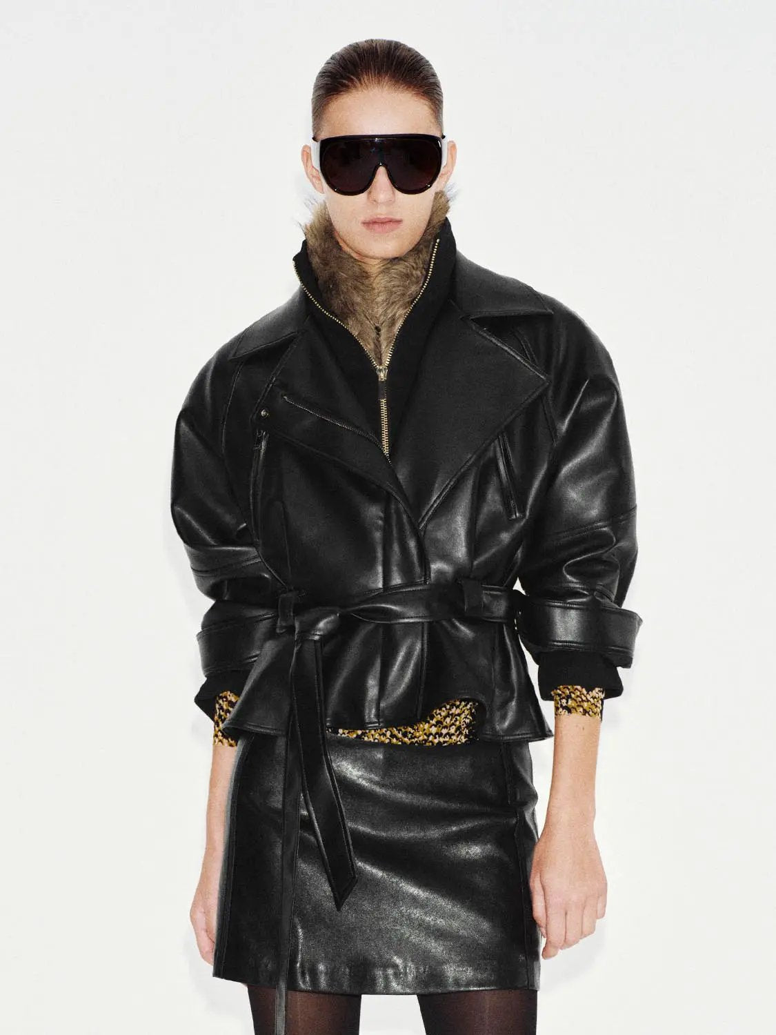 Jacket by Urban Revivo Fashion; black leather with fur collar and belted waist