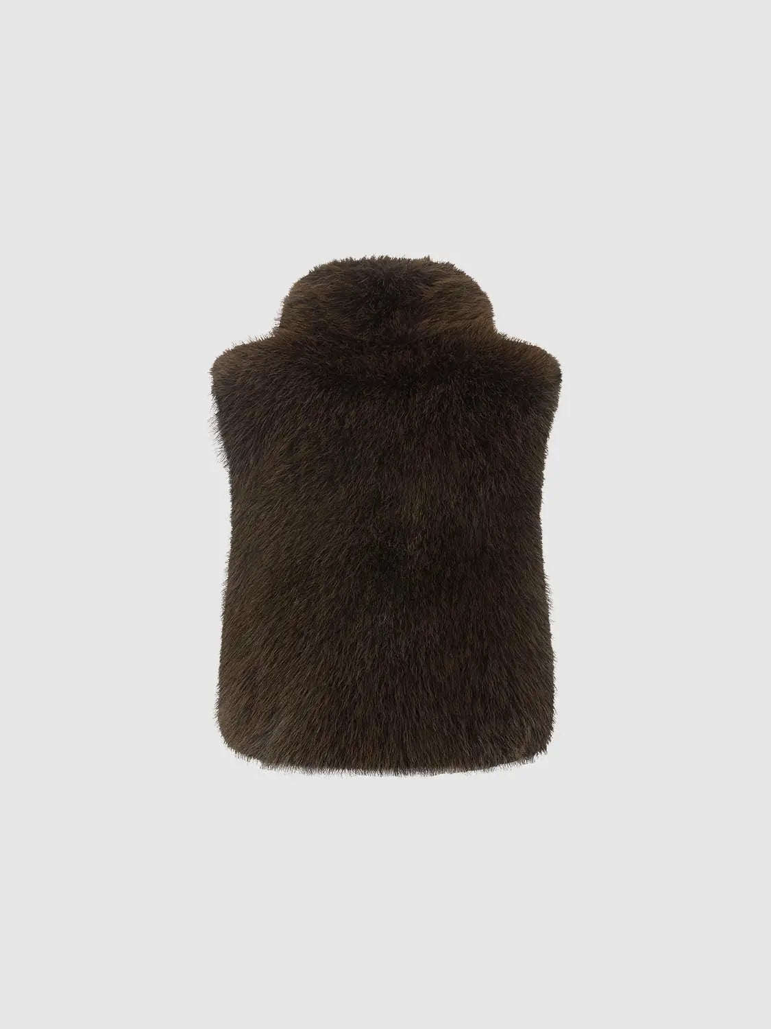 Faux fur coat in dark brown by Urban Revivo Fashion; back view shows plush texture