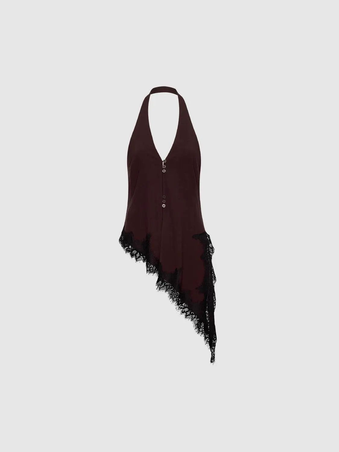 Button-front shirt halter top in burgundy with black lace trim by Urban Revivo Fashion