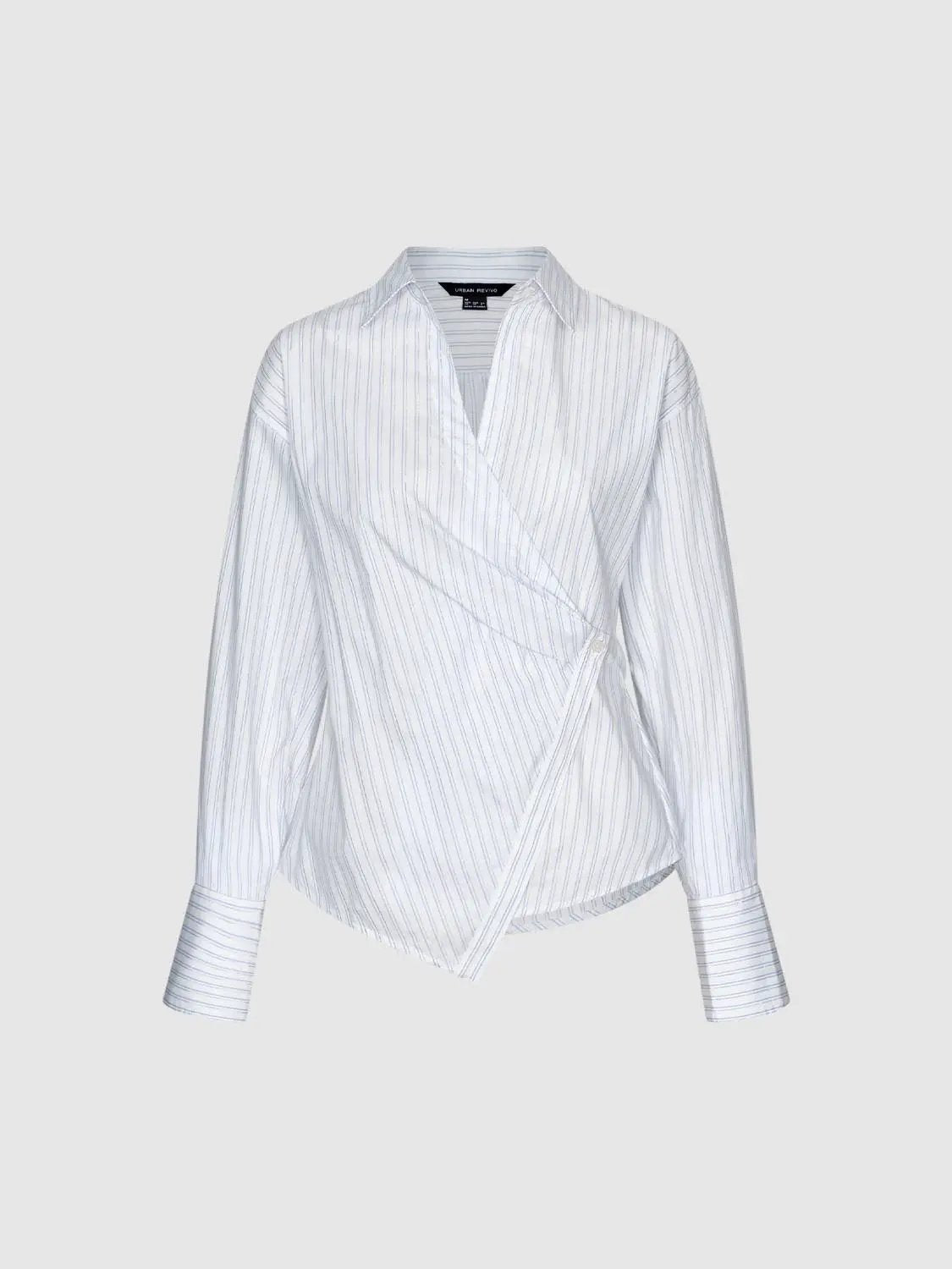Shirt by Urban Revivo Fashion; white with blue vertical stripes, wrap-front long-sleeve style