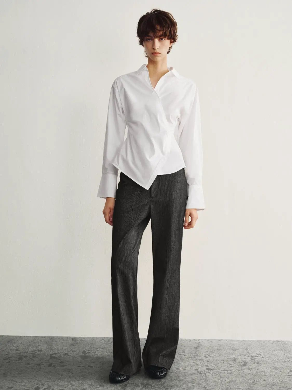 Wrap Front Thin Stretch Cotton Shirt by Urban Revivo Fashion; white, long sleeves with wide cuffs.