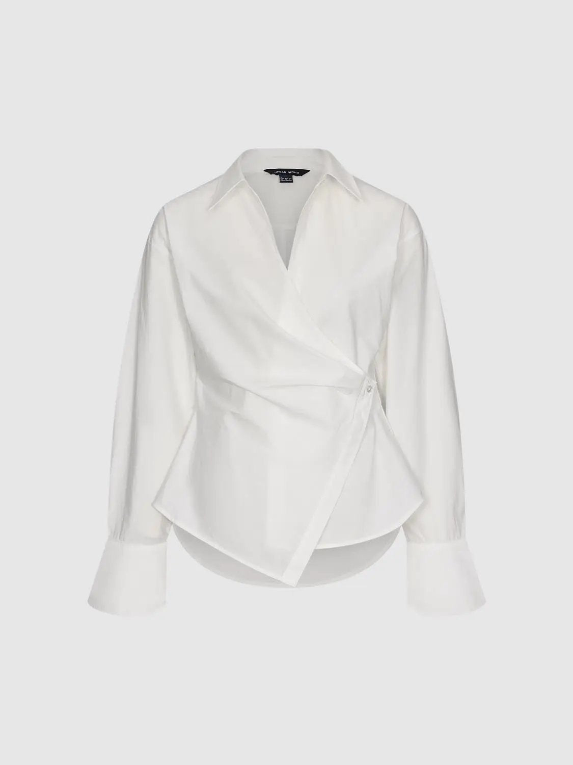 Wrap Front Thin Stretch Cotton Shirt in white by Urban Revivo Fashion with wide cuffed sleeves