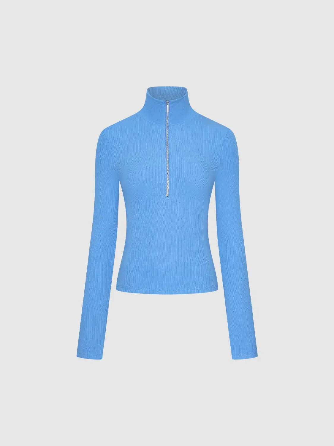 T-shirt long-sleeve light blue knit with silver quarter-zip collar.