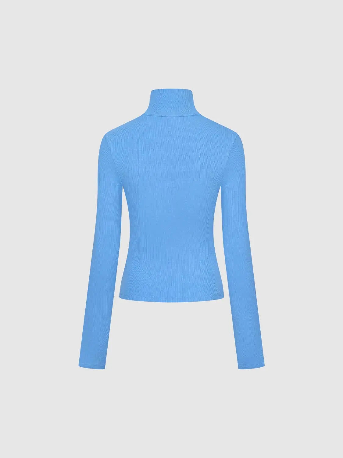 T-Shirt, blue ribbed knit long-sleeve top with high neck, back view