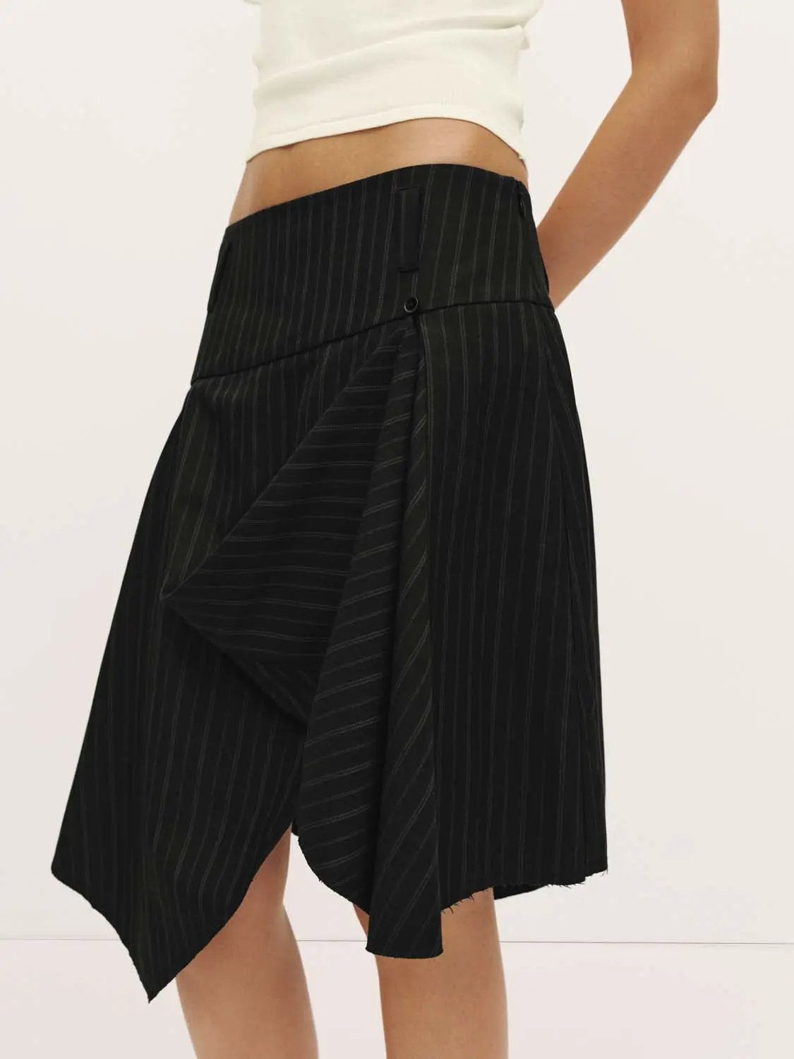 Pinstripe black high-waist draped wrap midi skirt with asymmetric hem