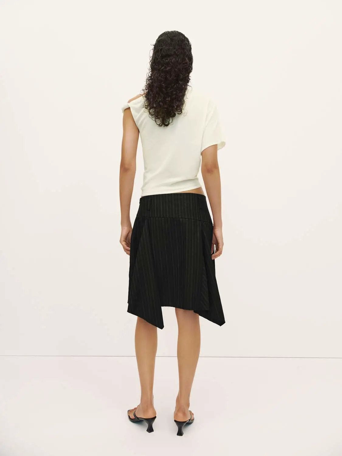 Pinstripe high-waist draped wrap midi skirt, black, Urban Revivo Fashion.