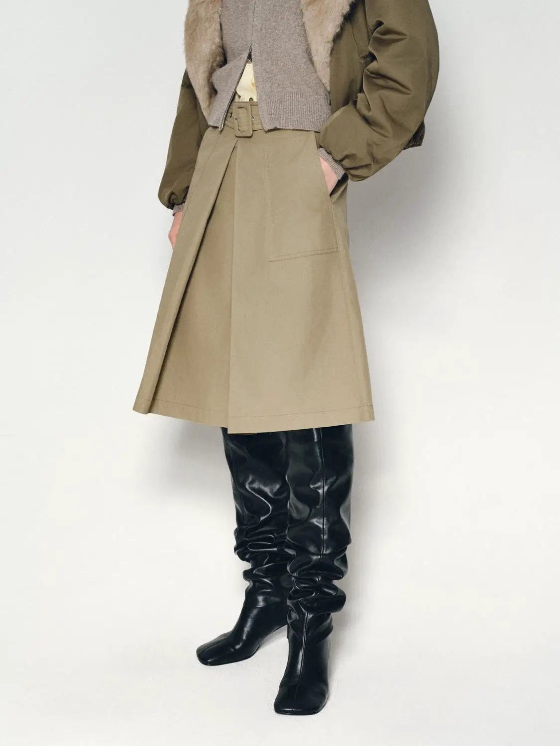 Pleated mid-rise belted A-line midi skirt in khaki with front patch pocket