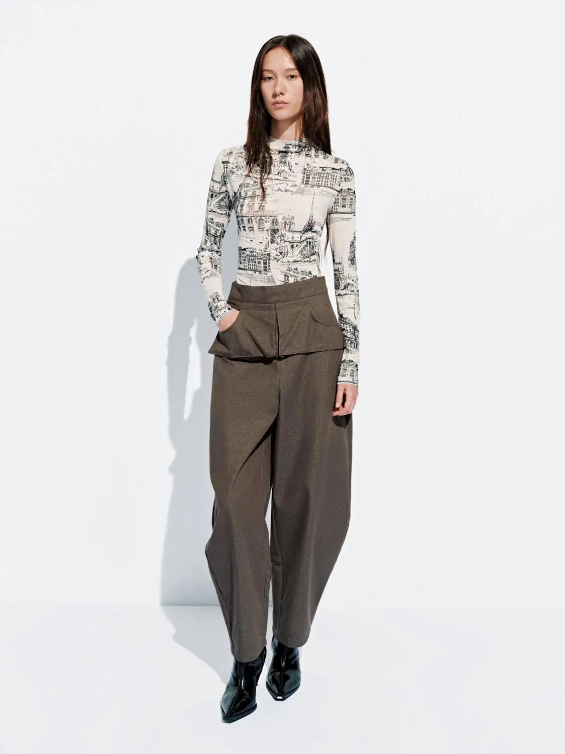 Layered Overlay Draped Waist Wide-Leg Cotton Trousers, taupe, Urban Revivo Fashion