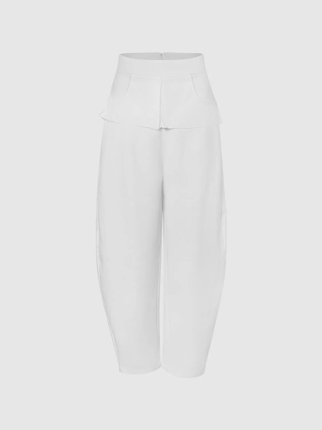 Layered Overlay Draped Waist Wide Leg Cotton Trousers, white with draped waist detail