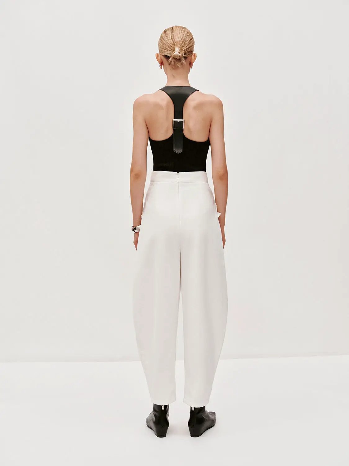 Layered Overlay Draped Waist Wide-Leg Cotton Trousers, white