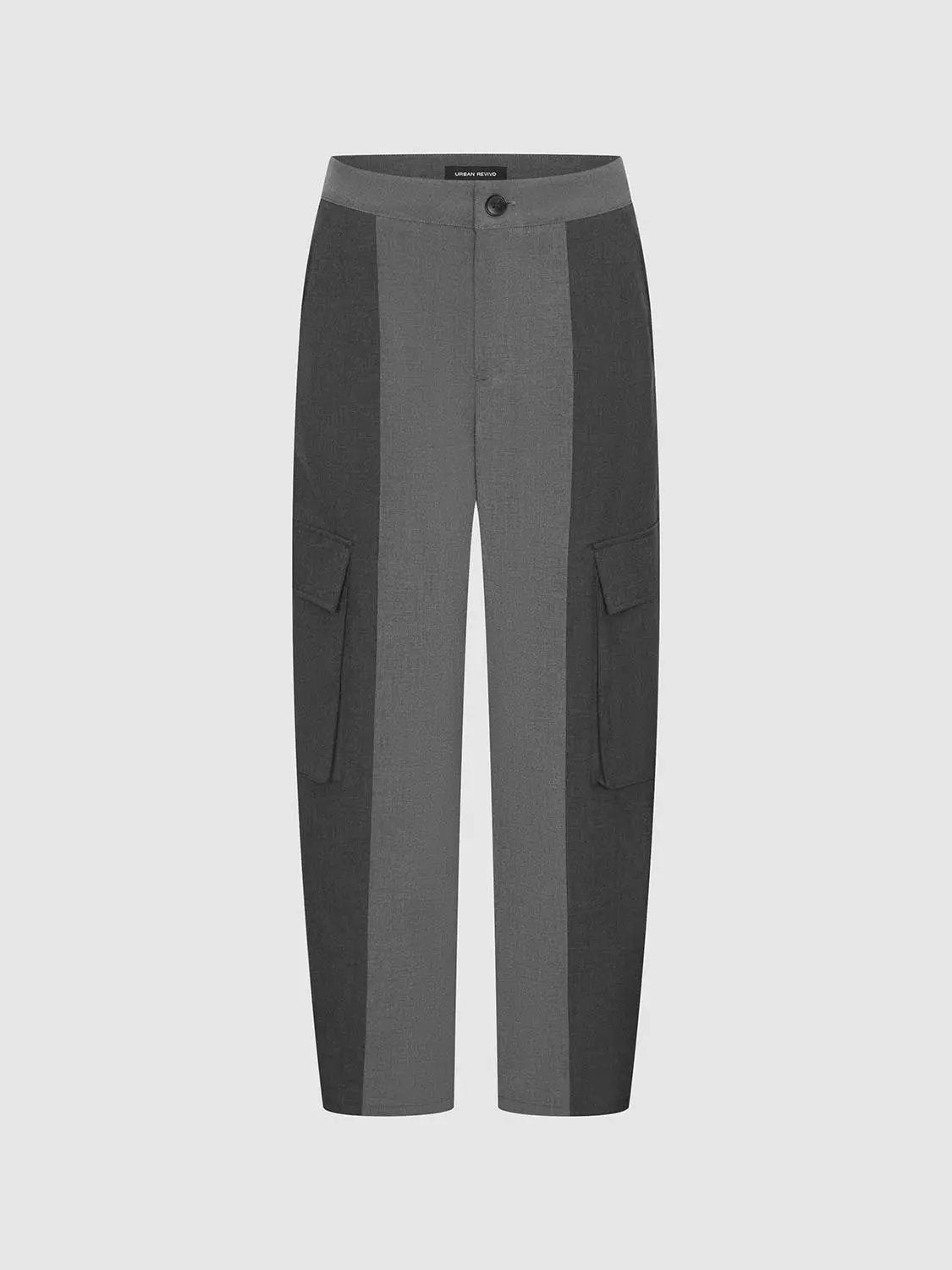 Drawstring waist contrast spliced cargo cotton pants in two-tone gray with cargo pockets by Urban Revivo