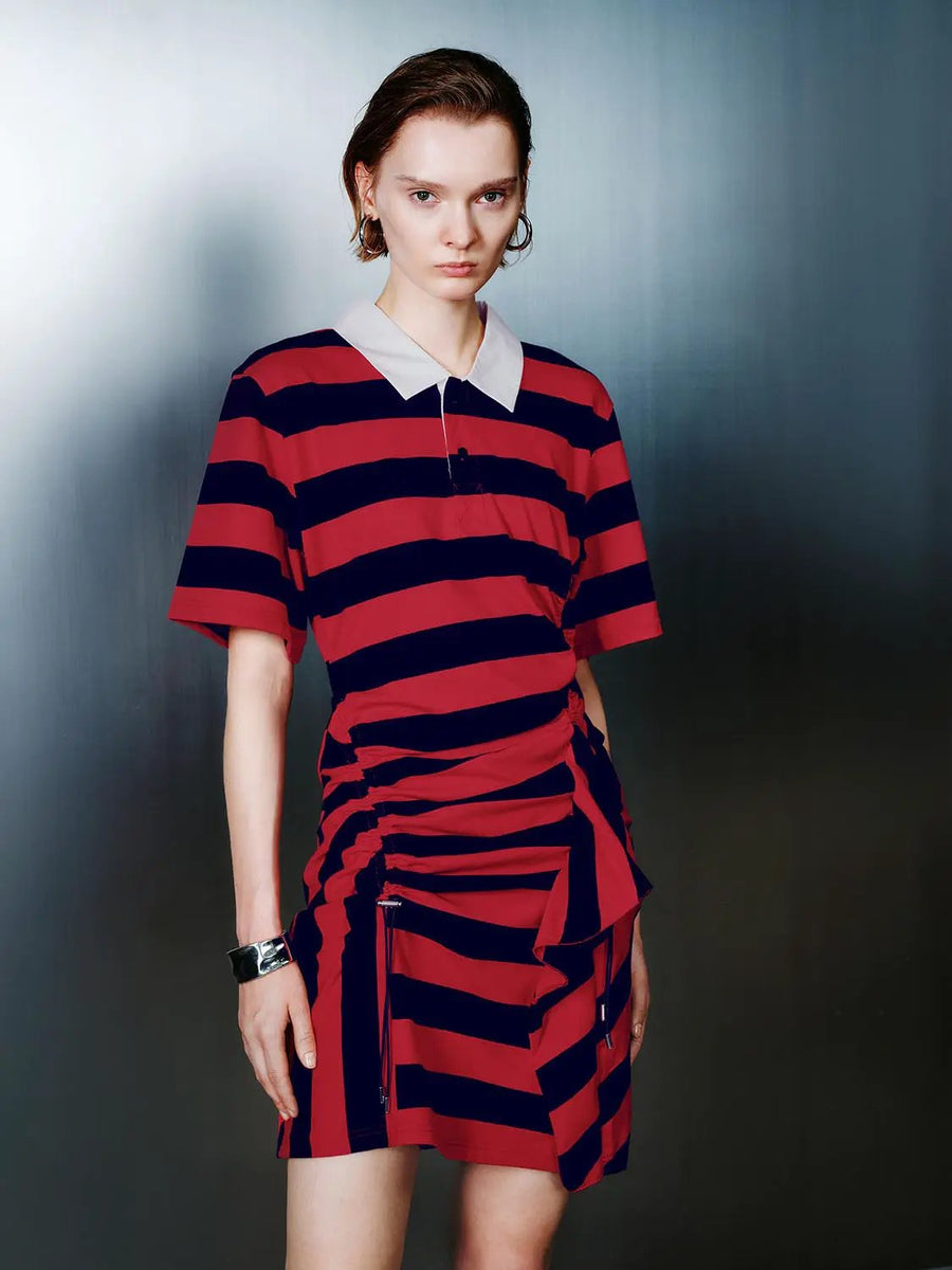 dress red white blue Striped Cotton With Irregular Hem Midi Dress, Red Striped / XS