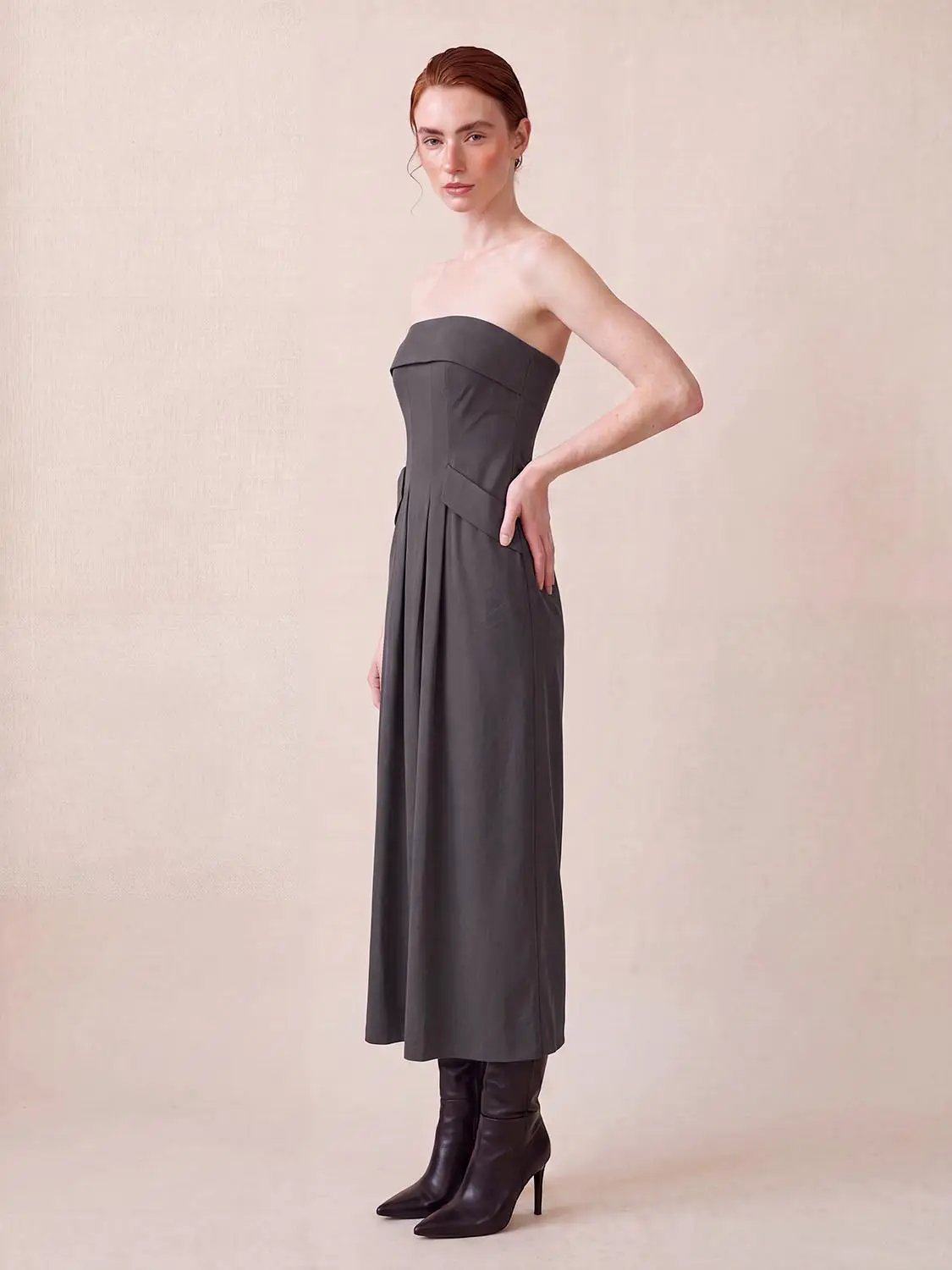 Strapless Bandeau Pleated Stretch A-Line Maxi Dress in charcoal gray by Urban Revivo Fashion