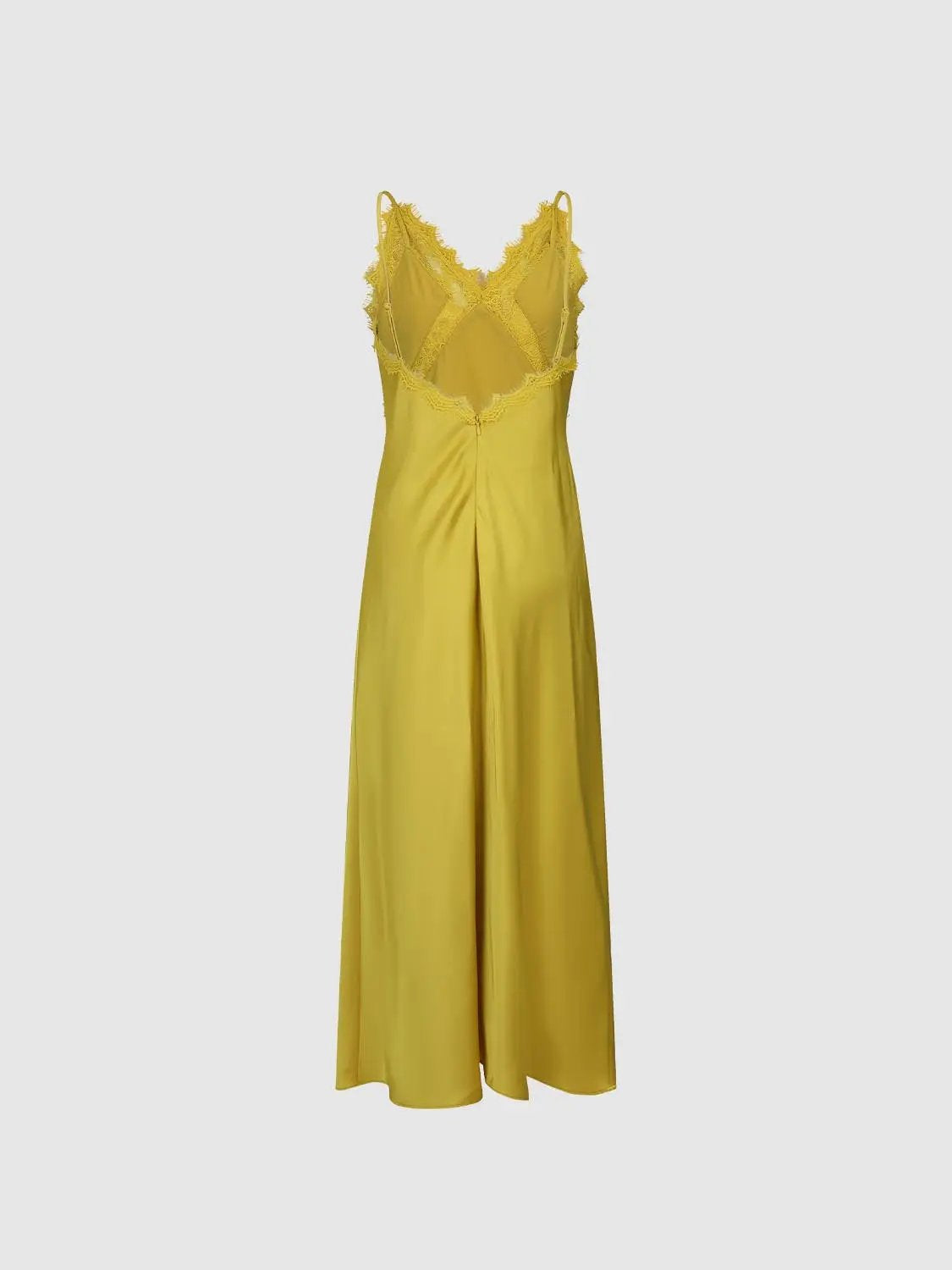 A-line dress in yellow satin with lace-trimmed V-neck and spaghetti straps, Urban Revivo Fashion