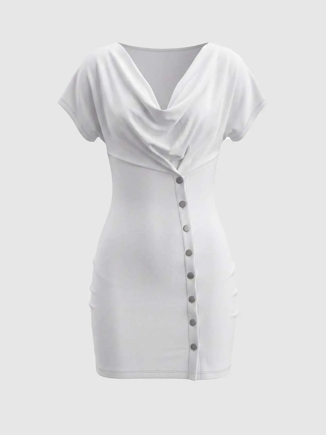 Draped Cowl Neck Button Front Mini Dress, white with front button placket, Urban Revivo Fashion