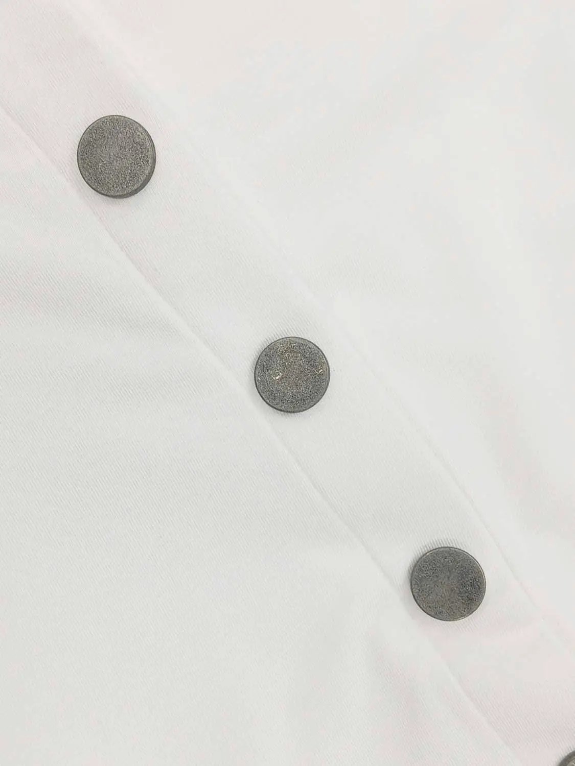 Draped Cowl Neck Button Front Mini Dress in white fabric with three silver buttons