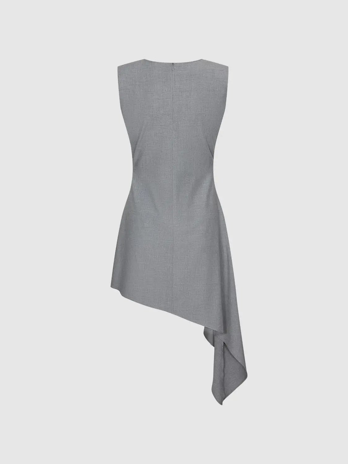 A-Line dress in grey textured fabric by Urban Revivo Fashion; sleeveless with back zipper and asymmetric hem.