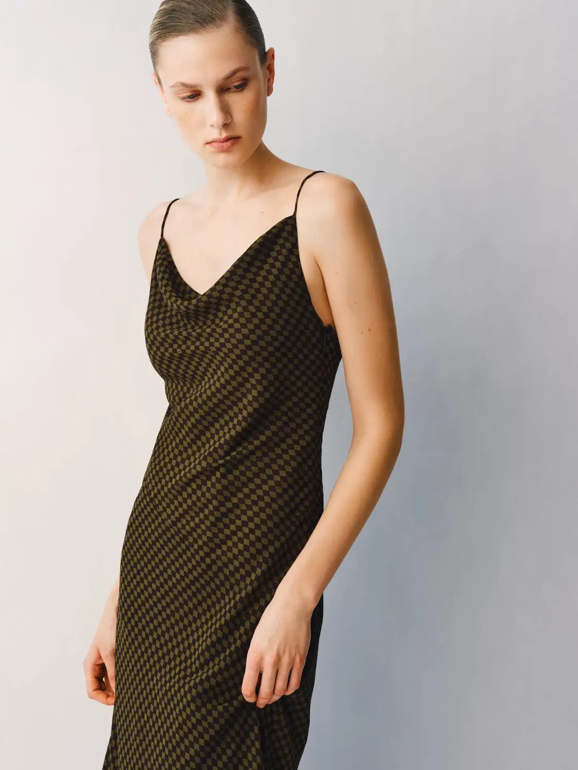 S-line Checked Sheer Spaghetti-Strap Slip Dress in olive-green and black check pattern by Urban Revivo Fashion.