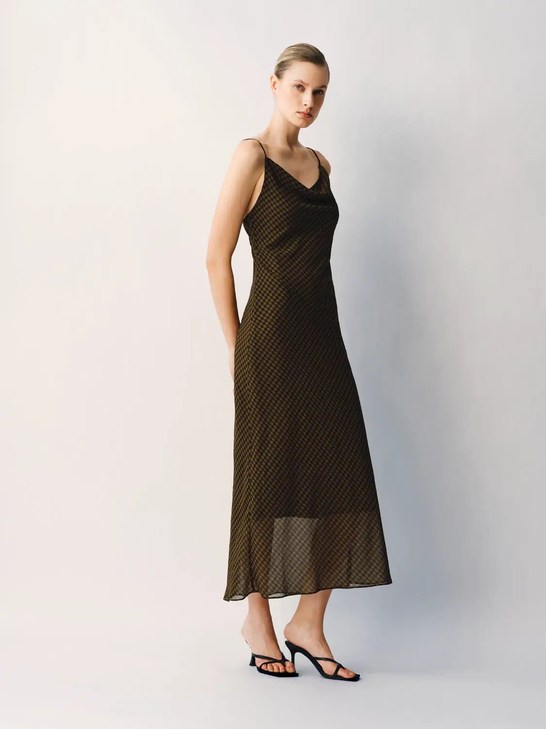 S-line Checked Sheer Spaghetti-Strap Slip Dress in brown and black check.