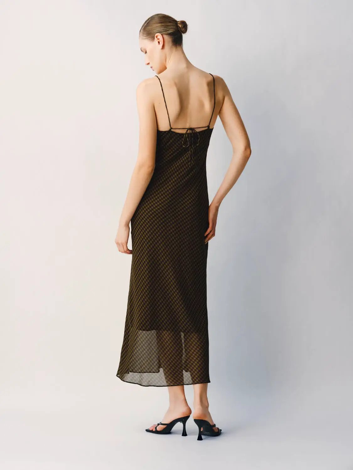 S-line Checked Sheer Spaghetti-Strap Slip Dress in brown-black check, back view.
