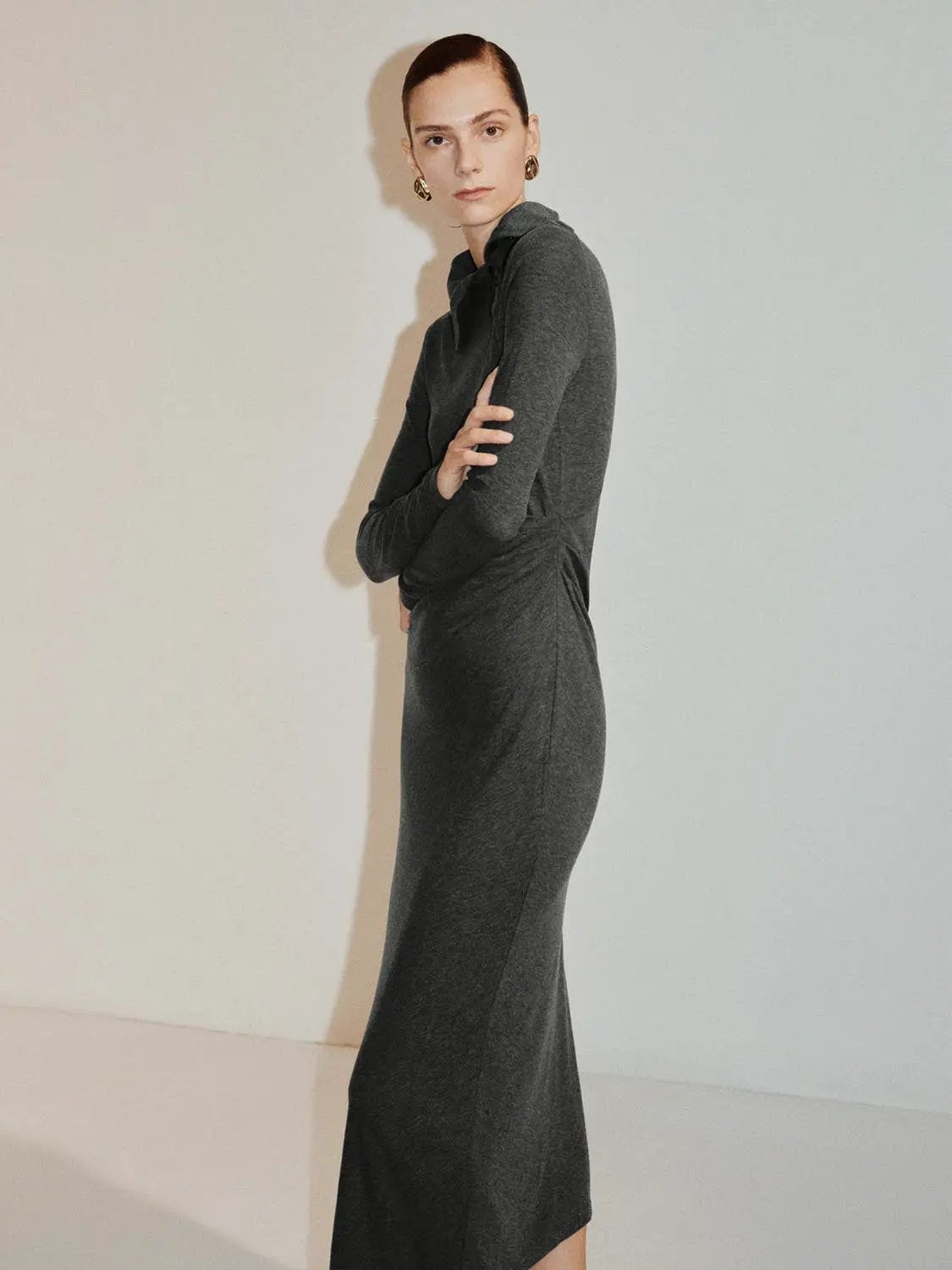 S-line Dress, charcoal knit, skinny-fit silhouette on model