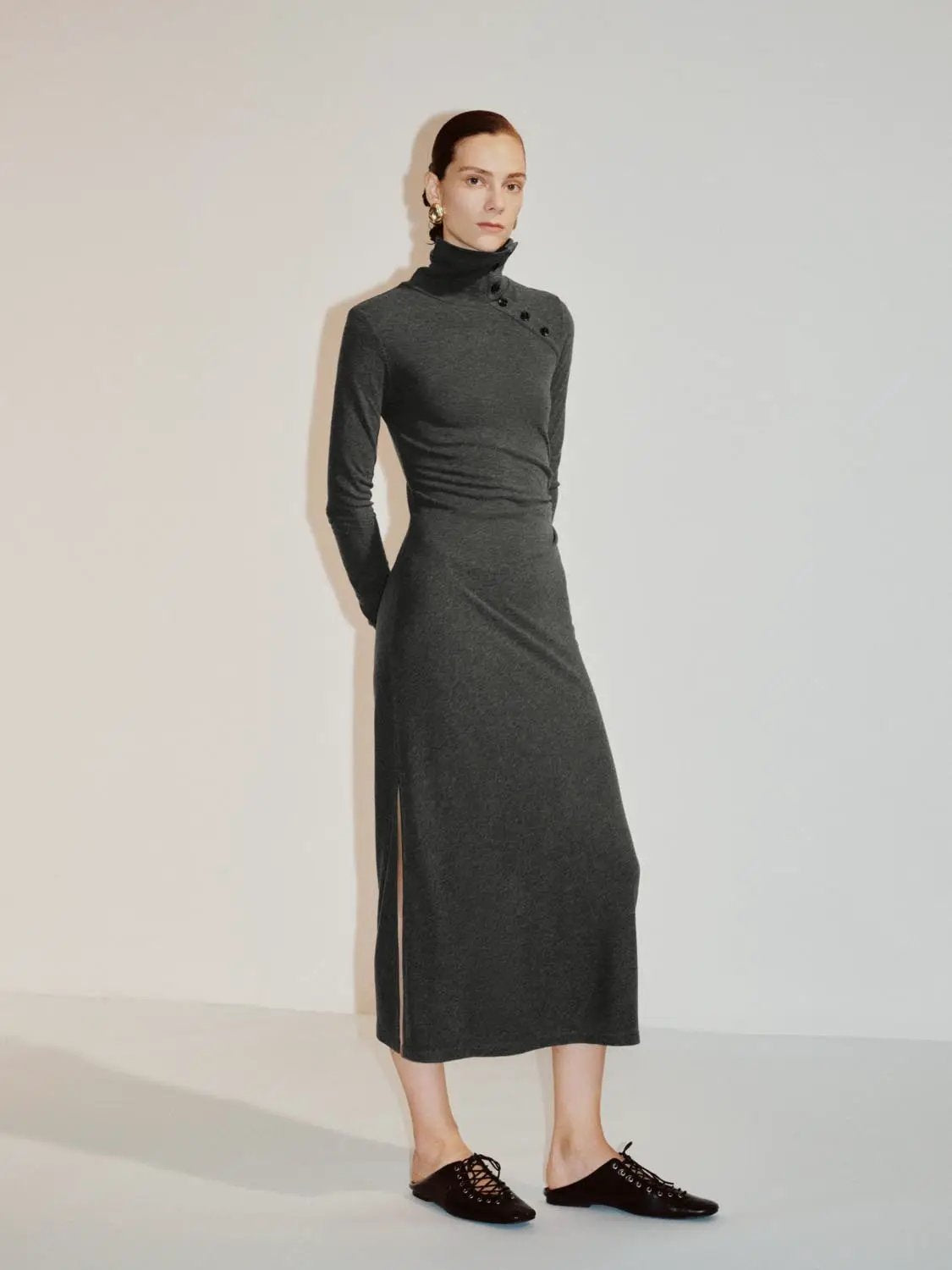 S-line Dress by Urban Revivo Fashion, dark gray knit midi with turtleneck and side slit