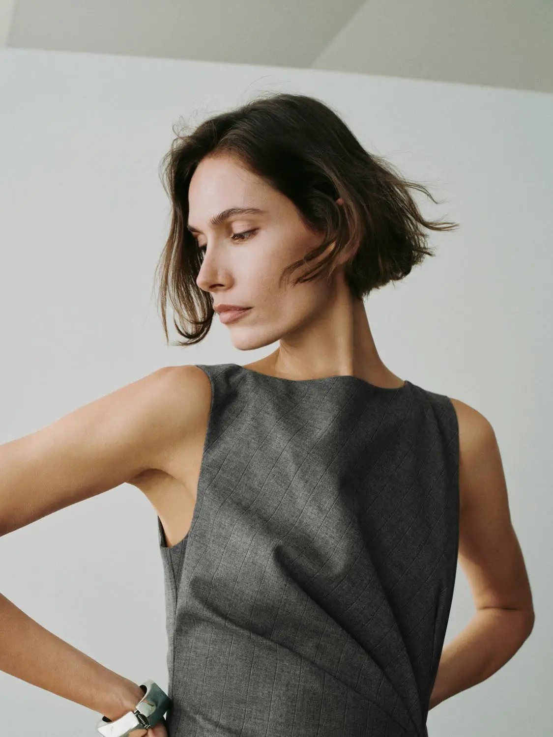 Twisted checked asymmetric hem sleeveless mini dress, gray, A-line silhouette