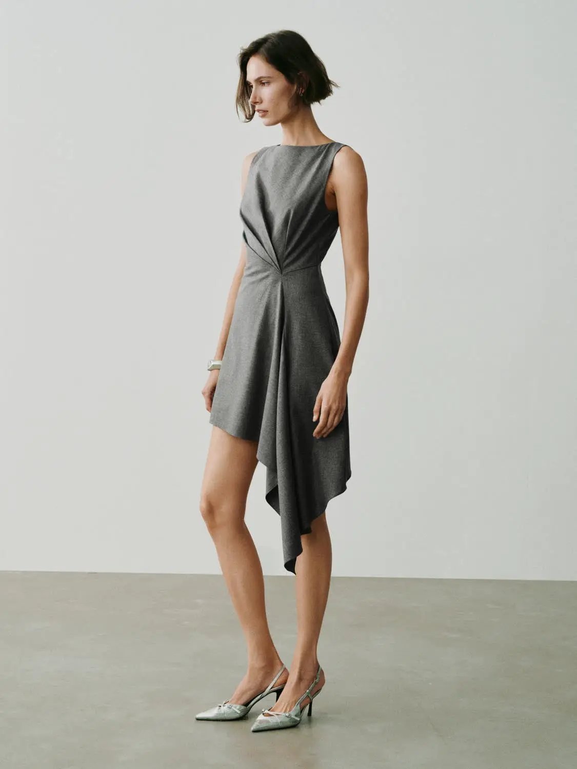 Twisted-waist gray sleeveless mini dress with asymmetric hem, W_A-Line dress.