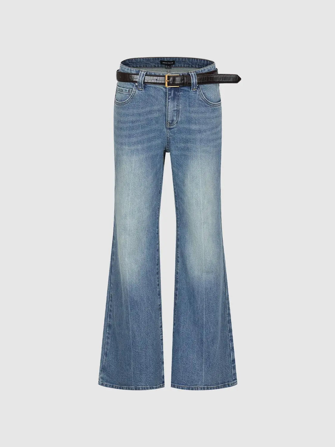Jeans, blue denim with black belt and gold buckle, flared-leg silhouette.