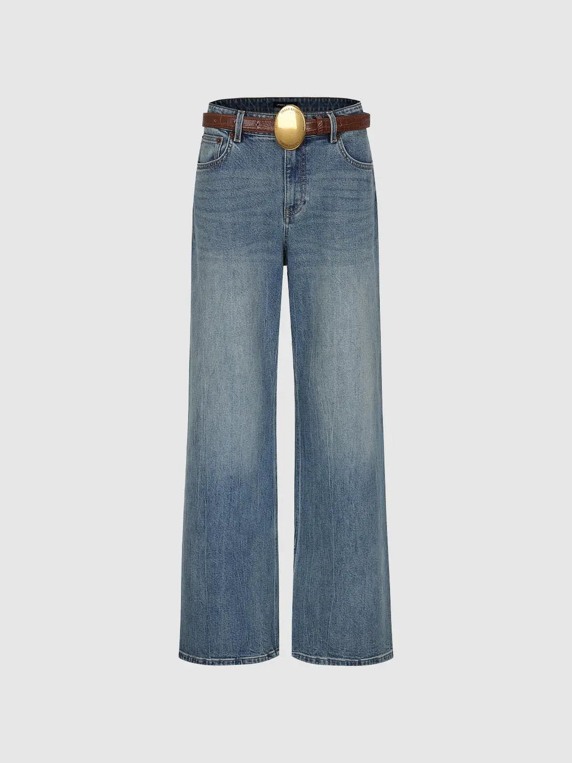 Jeans by Urban Revivo Fashion, blue denim wide-leg with brown belt and gold buckle