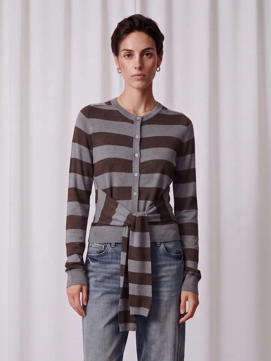 Knitted cardigan striped in brown and gray with front buttons and waist tie, Urban Revivo Fashion.