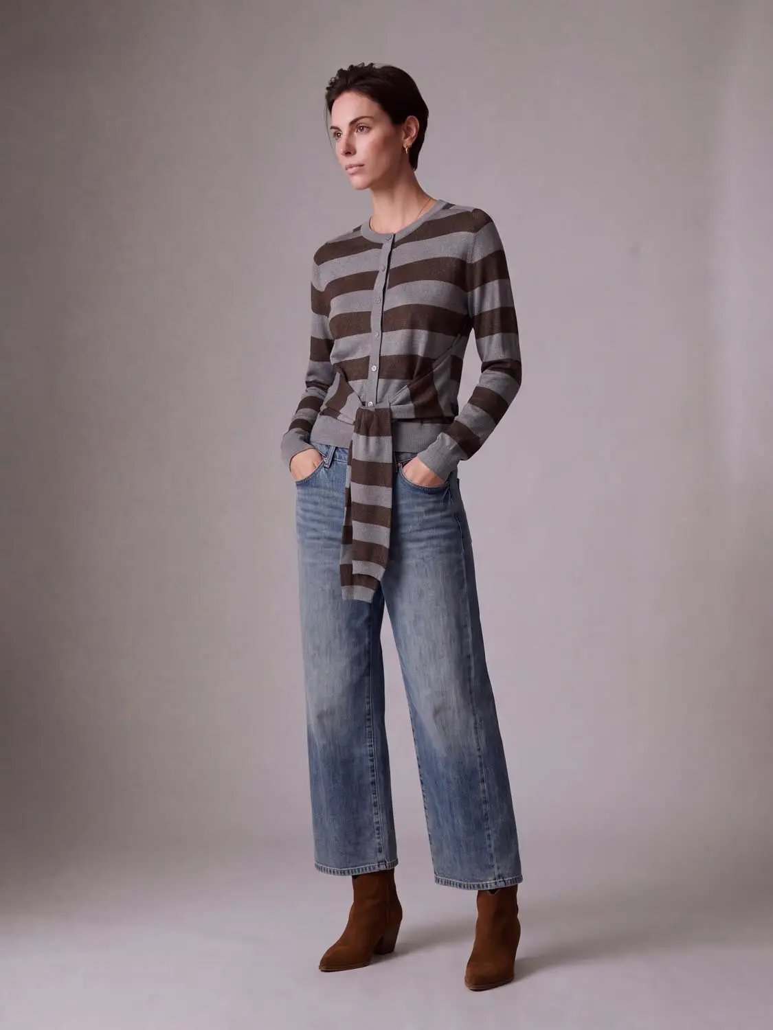 Knitted Cardigans belted striped brown and gray, long sleeves, Urban Revivo Fashion