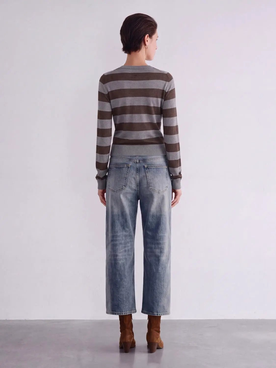 Knitted Cardigans, brown and gray striped, long-sleeve with ribbed hem
