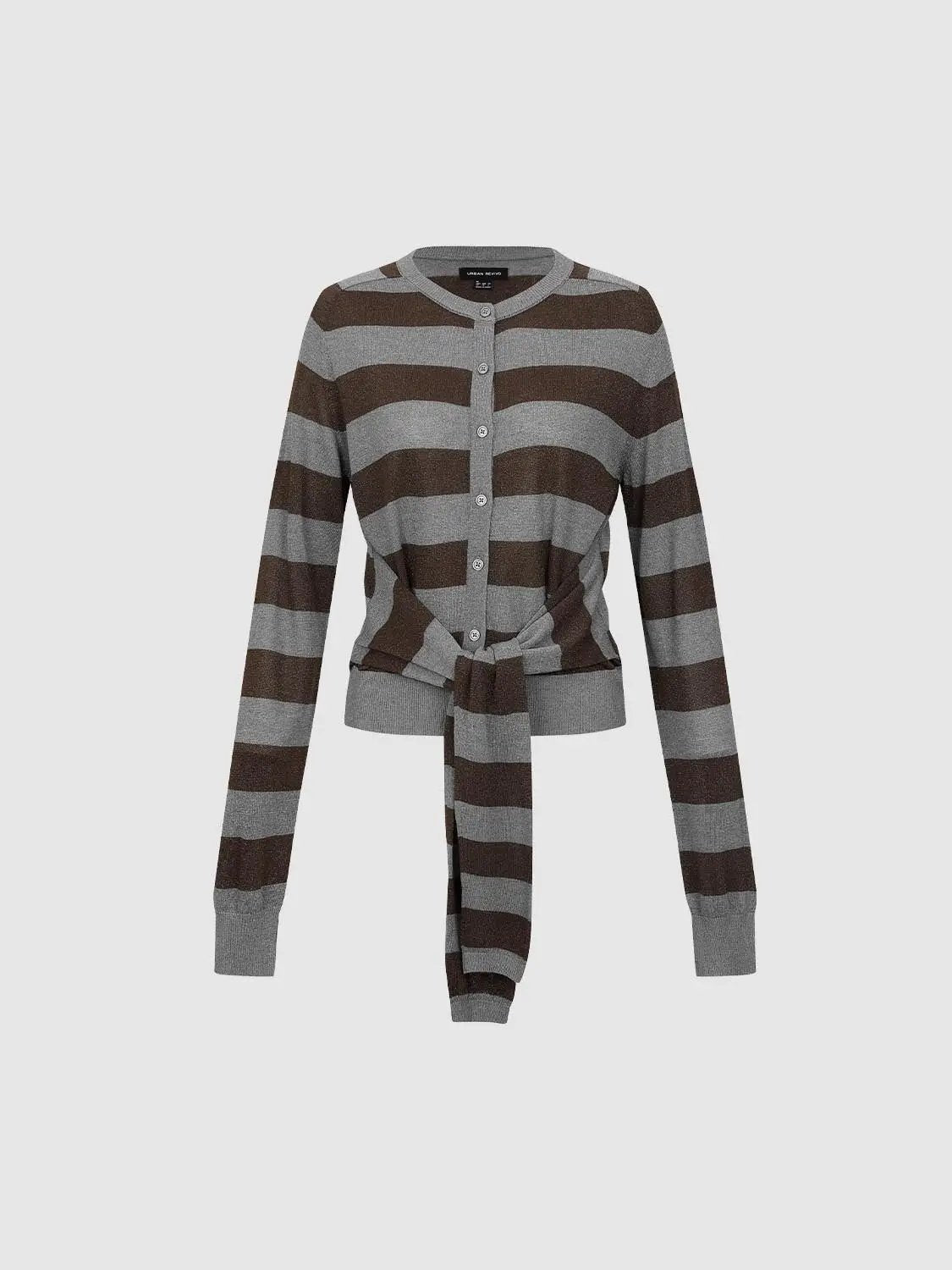 Womens knitted cardigan by Urban Revivo Fashion; gray and brown striped knit with front buttons and waist-tie detail.