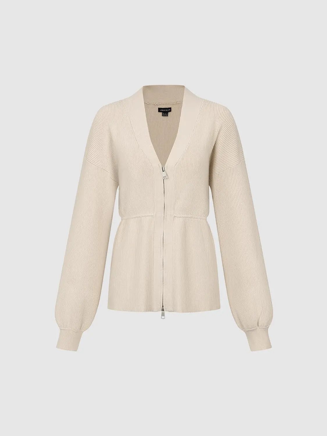 Zip-up balloon-sleeve knitted cardigan in beige by Urban Revivo