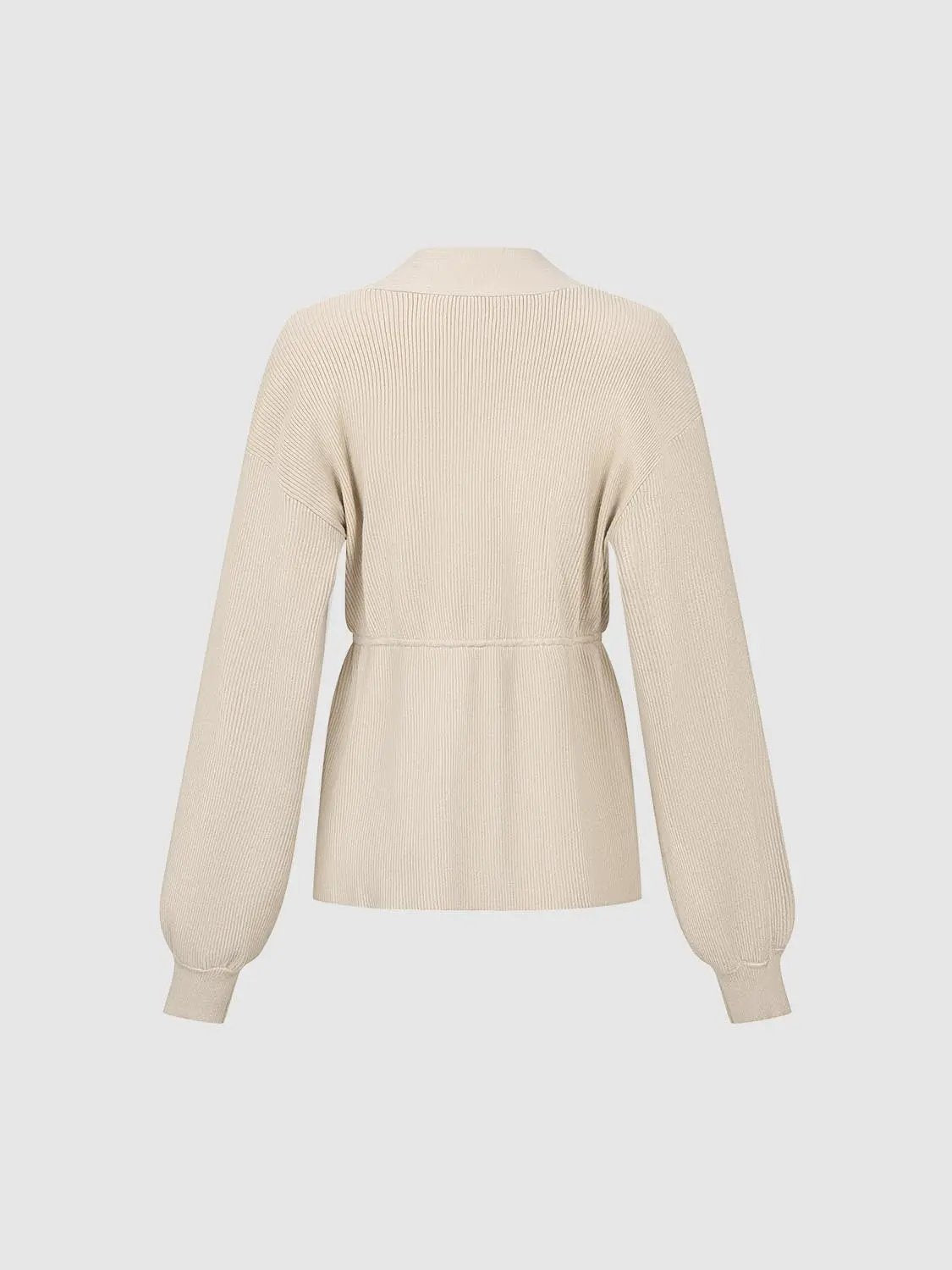 Zip Up Balloon Sleeve Knitted Cardigan in beige with ribbed knit and long balloon sleeves, back view.