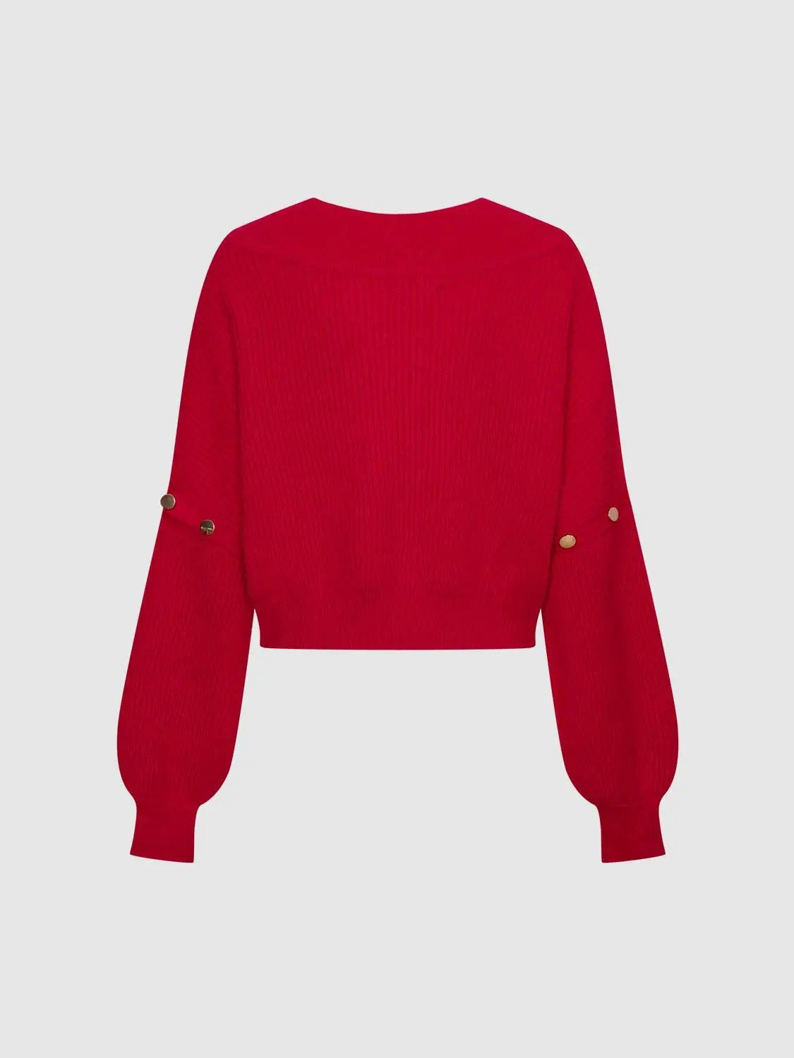 V-Neck Long Sleeve Knitted T-Shirts red knit top with balloon sleeves and gold button details (back view)